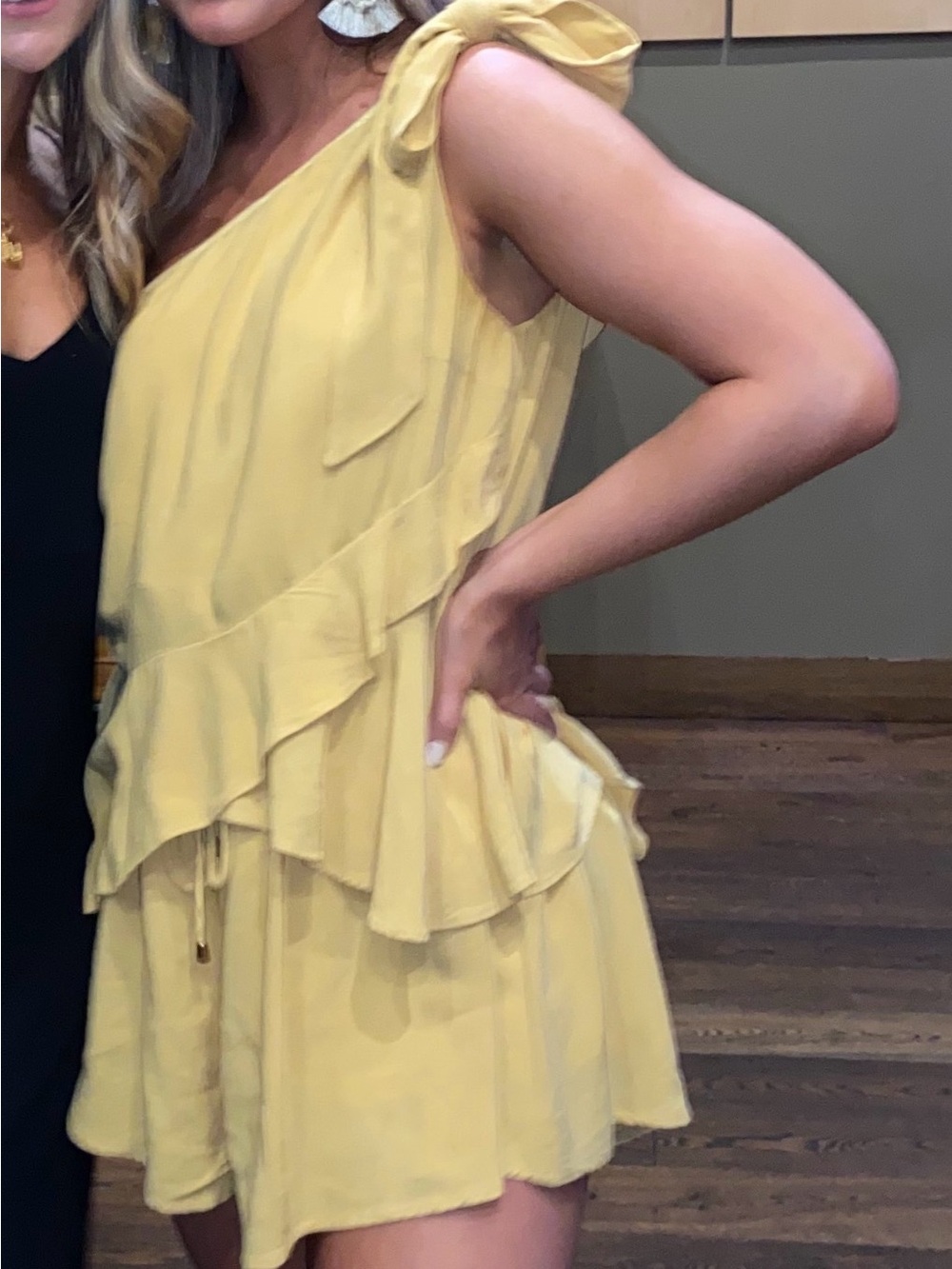 SABO one shoulder ruffle yellow romper